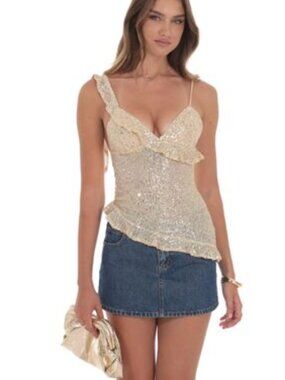 Lucy in the Sky Asymmetrical Sequin Ruffle Top in Gold Size Medium